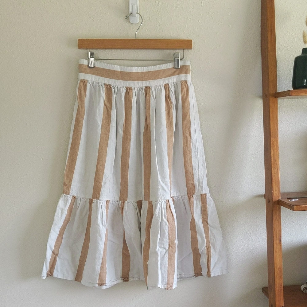 Madewell Linen Blend Ruffle-Hem Midi Skirt - Wide Stripe Earthen Sand Sz M